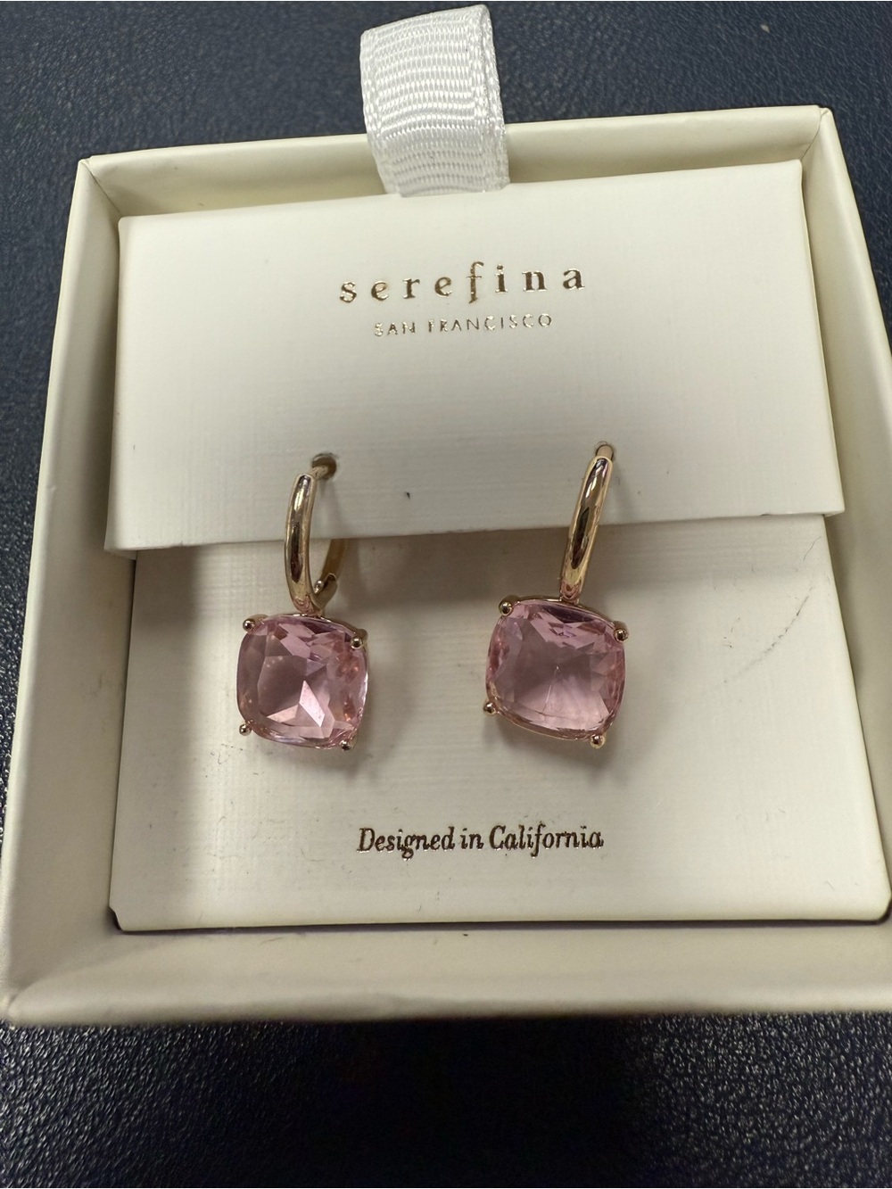Pink Cushion-Cut Stone Hoop Drop Earrings - Gold